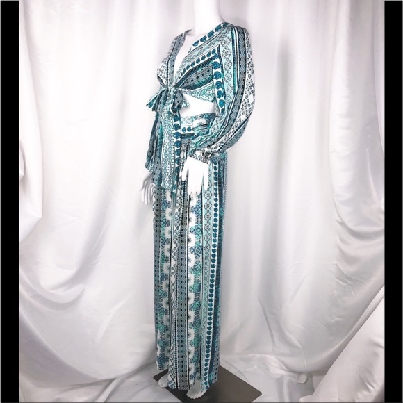 Zhu Ulma Minty Green Geo Paisley Print Crop Top Pant Set SzXS Wide Leg Side Wrap - Picture 9 of 16
